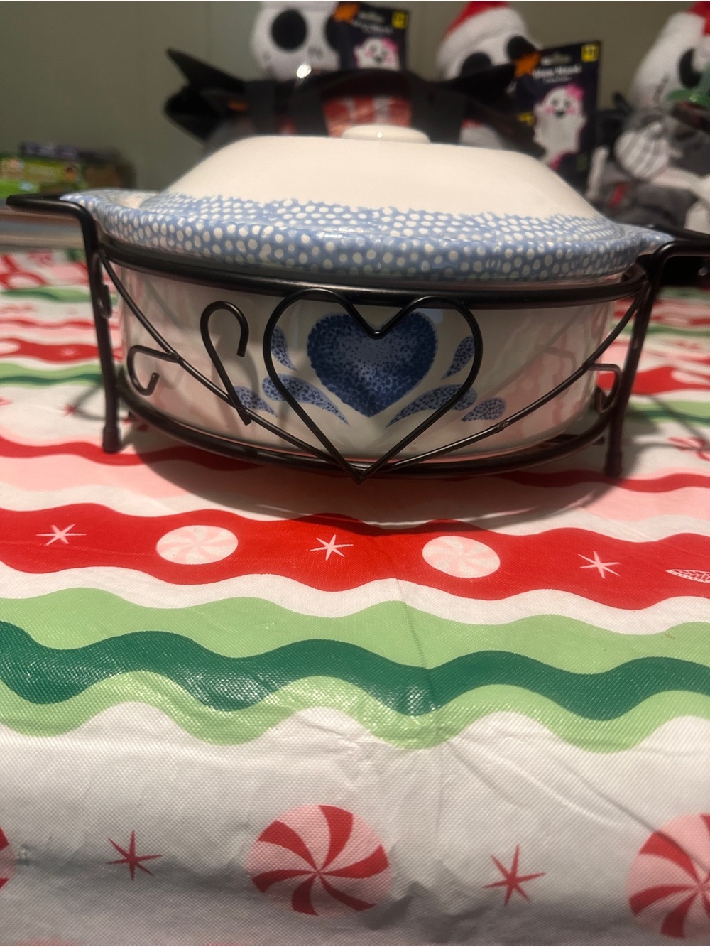 Blue Heart Ceramic Casserole Dish with Black Metal Stand